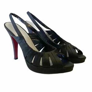 Le Chateau High Heel Slingback Sandals Black Satin Cut Out Peep Toe Size 7